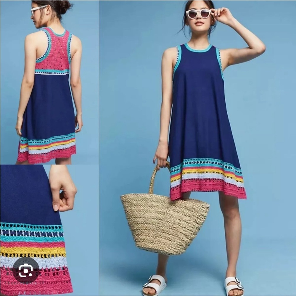 Akemi + Kin Small navy blue tank shift midi dress with colorful crochet details - Picture 2 of 7